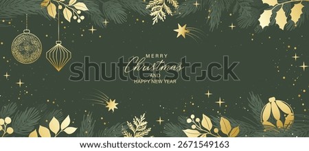 Christmas and Happy Holidays background design vector. Pine leaves, bauble ball, ornament, meteor on green background. Winter Design for Season's Greeting, Christmas, cover, banner, ads.