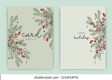 Christmas Happy Holidays Card template with green leaf and red berry