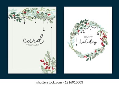 Christmas Happy Holidays Card template with green leaf and red berry