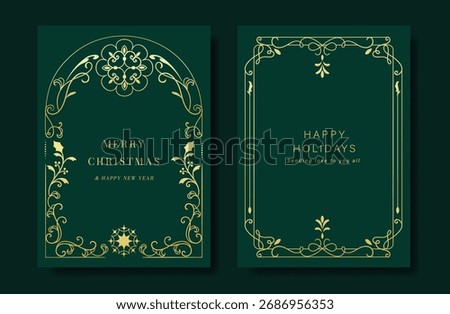 Christmas and Happy Holidays card vector set. Luxury gold victorian frame, holly leaf branch, snowflake, pinecone on green background. Design illustration for poster, cover, product, ads.