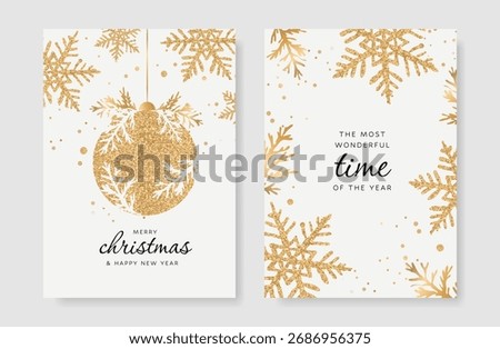 Christmas and Happy Holidays card vector set. Luxury gold snowflake and bauble ball with gold foil texture on white background. Design illustration for poster, cover, product, ads.