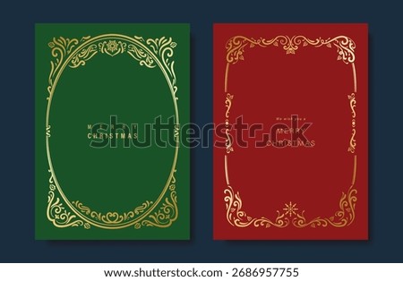 Christmas and Happy Holidays card vector set. Luxury gold victorian frame, leaves branch, snowflake on green and red background. Design illustration for poster, cover, invitation, ads.