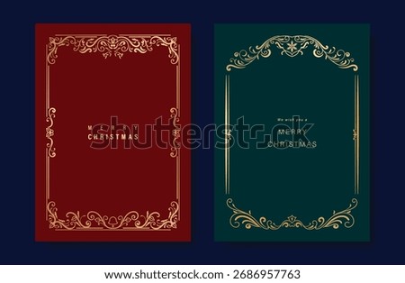 Christmas and Happy Holidays card vector set. Luxury gold victorian frame, leaves branch, snowflake on green and red background. Design illustration for poster, cover, invitation, ads.