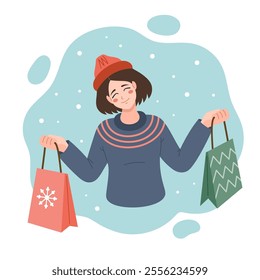 Christmas, Happy Holidays greeting card design with Manga styled girl holding shopping bags, gifts, present. Christmas shopping vector illustration. Anime style, flat design.