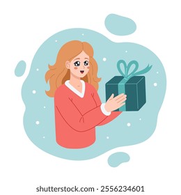 Christmas, Happy Holidays greeting card design with Manga styled blond girl holding gift box, present. Christmas celebration vector illustration. anime style, flat design.