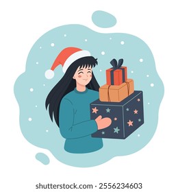 Christmas, Happy Holidays greeting card design with Manga styled girl wearing Santa Claus hat holding gift boxes, presents. Christmas celebration vector illustration. anime style, flat design.