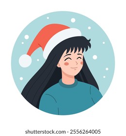 Christmas, Happy Holidays greeting card design with Manga styled girl wearing Santa Claus hat illustration. Christmas video call vector illustration. Anime style, flat design. Christmas character icon