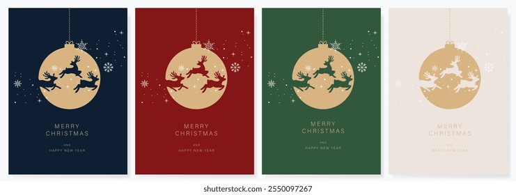 Christmas and Happy Holidays invitation card design vector. Minimal Happy New Year , Christmas tree, bauble on emerald green background. Design for Season's Greeting, Christmas, cover.