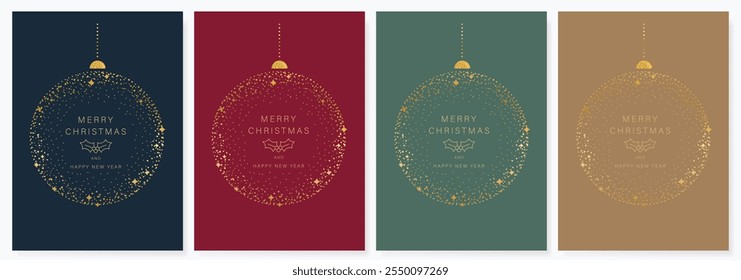 Christmas and Happy Holidays invitation card design vector. Minimal Happy New Year , Christmas tree, bauble on emerald green background. Design for Season's Greeting, Christmas, cover.