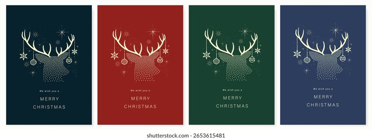 Christmas and Happy Holidays invitation card design vector. Minimal Happy New Year , Reindeer, bauble ball on red, green and navy blue background. Design for Season's Greeting, Christmas, cover.