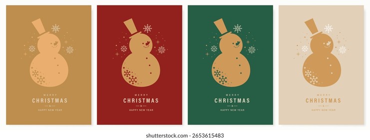 Christmas and Happy Holidays invitation card design vector. Minimal Happy New Year , Snowman, snowflake on red, green and beige background. Design for Season's Greeting, Christmas, cover.