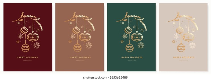Christmas and Happy Holidays invitation card design vector. Minimal Happy New Year , Christmas bauble, leaves branch on red, green and beige background. Design for Season's Greeting, Christmas, cover.