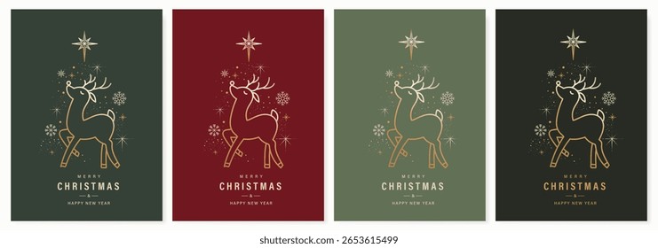 Christmas and Happy Holidays invitation card design vector. Minimal Happy New Year , Reindeer, snowflake on red, green and gray background. Design for Season's Greeting, Christmas, cover.