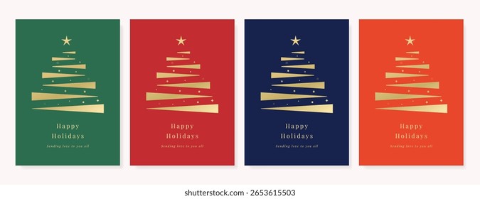 Christmas and Happy Holidays invitation card design vector. Minimal Happy New Year, Christmas tree, frame on green red and navy blue background. Design for Season's Greeting, Christmas, cover.