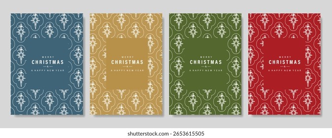 Christmas and Happy Holidays invitation card design vector. Minimal Happy New Year, Christmas tree, frame on green red and navy blue background. Design for Season's Greeting, Christmas, cover.