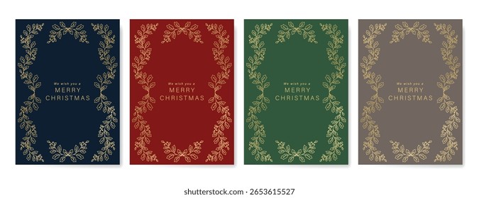 Christmas and Happy Holidays invitation card design vector. Minimal Happy New Year, Holly leaves on green red gold and navy blue background. Design for Season's Greeting, Christmas, cover.