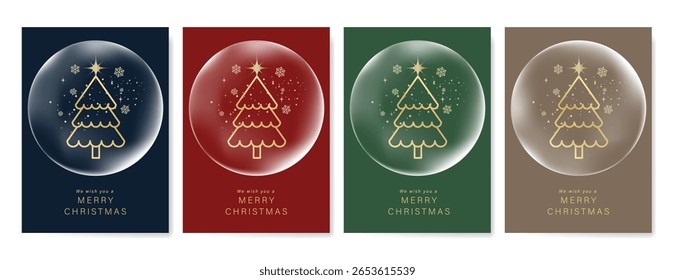 Christmas and Happy Holidays invitation card design vector. Minimal Happy New Year, Christmas bauble, tree on green red gold and navy blue background. Design for Season's Greeting, Christmas, cover.