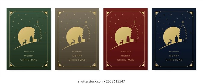 Christmas and Happy Holidays invitation card design vector. Minimal Happy New Year, Christmas tree, reindeer on green red and navy blue background. Design for Season's Greeting, Christmas, cover.