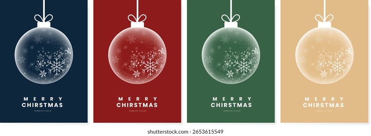 Christmas and Happy Holidays invitation card design vector. Minimal Happy New Year, Christmas bauble, snowflake on green red and navy blue background. Design for Season's Greeting, Christmas, cover.