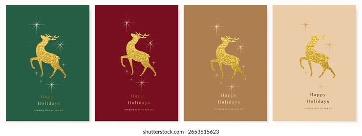 Christmas and Happy Holidays invitation card design vector. Minimal Happy New Year , Reindeer, sparkle on red, green and beige background. Design for Season's Greeting, Christmas, cover.