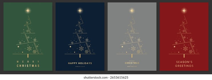 Christmas and Happy Holidays invitation card design vector. Minimal Happy New Year, Christmas tree,snowflake on red green gray and navy blue background. Design for Season's Greeting, Christmas, cover.