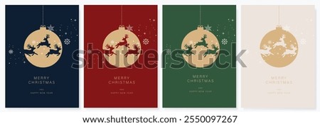 Christmas and Happy Holidays invitation card design vector. Minimal Happy New Year , Christmas tree, bauble on emerald green background. Design for Season's Greeting, Christmas, cover.