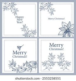 Christmas and Happy Holidays Square banner for Social Media greeting posts with floral element. Vector with clipping mask templates for holiday sale promotion, invitations, posters, web ads