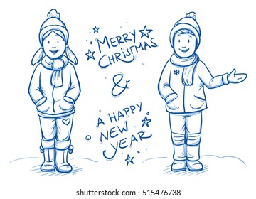 Christmas, happy little girl and boy, in winter cloting, christmas card. Hand drawn cartoon doodle vector illustration.