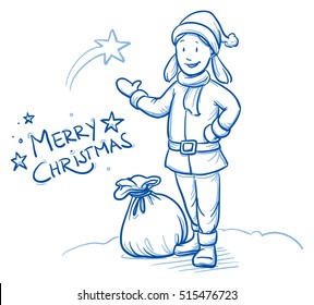 Christmas, happy little girl, dressed as santa clause, with hat and bag, wishing merry christmas. Hand drawn cartoon doodle vector illustration.