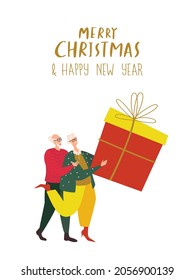 Christmas happy merry people hold Huge Christmas Box.Old Senior Couple,Pensioner Man and Woman preparing for winter holidays at New Year eve.Flat graphic vector illustration isolated ,white background