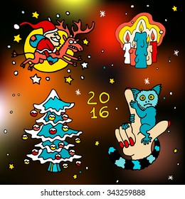 Christmas and happy new 2016 year icons. Set of bright and colorful illustrations on winter abstract background.