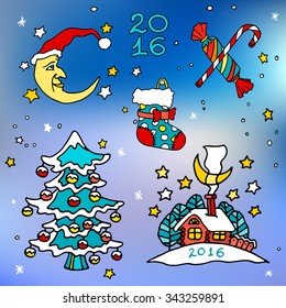 Christmas and happy new 2016 year icons. Set of bright and colorful illustrations on winter abstract background.
