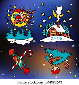 Christmas and happy new 2016 year cartoon icons. Set of bright and colorful illustrations on winter abstract background