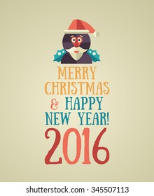 Christmas and Happy New Year 2016 Greeting Card. Modern unusual vector illustration with monkey.