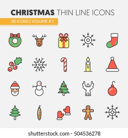 Christmas and Happy New Year 2017 Thin Line Vector Icons Set with Santa Claus Reindeer, Fir Tree