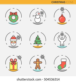 Christmas and Happy New Year 2017 Thin Line Vector Icons Set with Santa Claus Snowflakes, Fir Tree