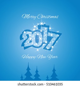 Christmas and Happy New Year 2017 blue firework greeting card design