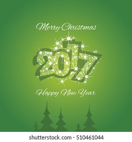 Christmas and Happy New Year 2017 green firework greeting card design