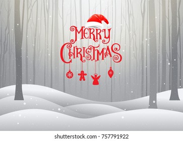 Christmas and Happy New Year 2018, Typography, Xmas background with winter landscape with snowflakes, vector Illustration.