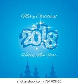 Christmas and Happy New Year 2018 blue firework greeting card design