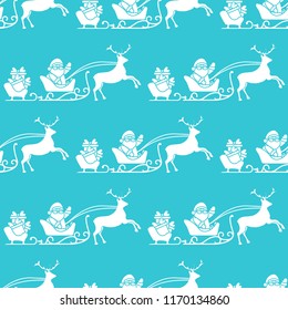 Christmas and Happy New Year 2019 seamless pattern. Vector illustration Santa Claus with gifts in sleighs with reindeers. Design for print.