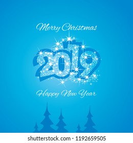 Christmas and Happy New Year 2019 blue firework greeting card design