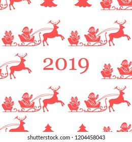 Christmas and Happy New Year 2019 seamless pattern. Vector illustration Santa Claus with gifts in sleighs with reindeers. Design for print.