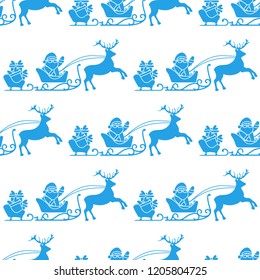 Christmas and Happy New Year 2019 seamless pattern. Vector illustration Santa Claus with gifts in sleighs with reindeers. Design for print.