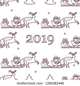 Christmas and Happy New Year 2019 seamless pattern. Vector illustration Santa Claus with gifts in sleighs with reindeers. Design for print.