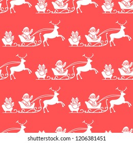 Christmas and Happy New Year 2019 seamless pattern. Vector illustration Santa Claus with gifts in sleighs with reindeers. Design for print.