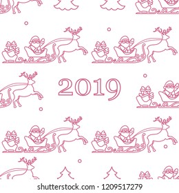 Christmas and Happy New Year 2019 seamless pattern. Vector illustration Santa Claus with gifts in sleighs with reindeers. Design for print.