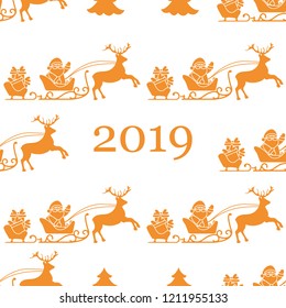Christmas and Happy New Year 2019 seamless pattern. Vector illustration Santa Claus with gifts in sleighs with reindeers. Design for print.
