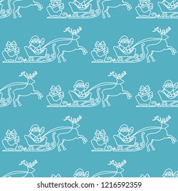 Christmas and Happy New Year 2019 seamless pattern. Vector illustration Santa Claus with gifts in sleighs with reindeers. Design for print.