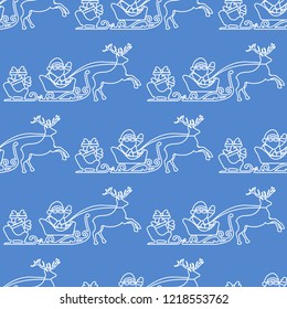 Christmas and Happy New Year 2019 seamless pattern. Vector illustration Santa Claus with gifts in sleighs with reindeers. Design for print.